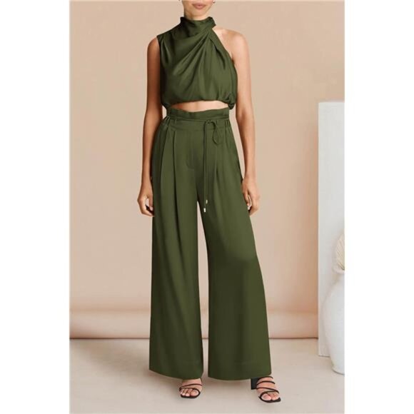 Women's Summer Sleeveless Mock Neck Crop Tops Wide Leg Pants Set - Picture 2 of 7